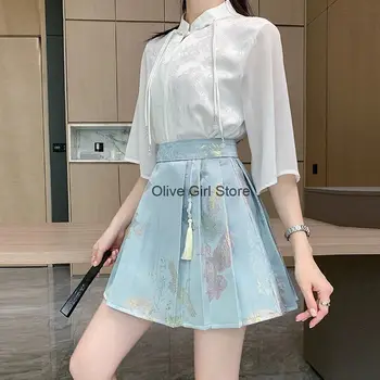 Sommer Chinesisches Hanfu Pferd Gesicht Rock Set Jacquard Weißes Hemd TopTraditionelle frauen Outfits Hohe Taille Internet Rote Uniform