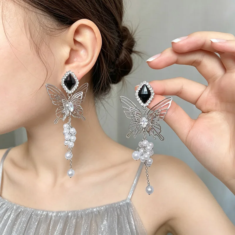 Filigree Silver Butterfly Earrings Accented Black Gemstone Bright Faux Pearl Drop Chain Aesthetic Bridal Party Jewelry