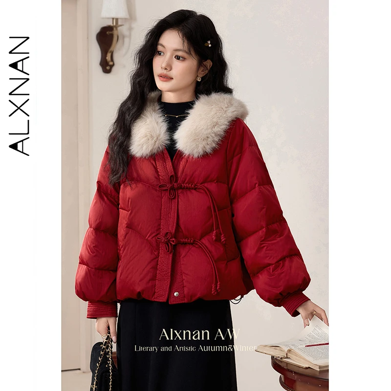 

ALXNAN Red Women's Down Jacket 2025 Winter V-neck Short Chic Button Fur Collar Thickened Coats Female Elegant Warm Coats L51726