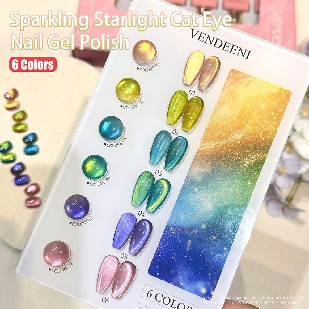 벤디니 6색/세트 레드 블루 퍼플 캣아이 젤 네일 폴리쉬 UV LED 크리스탈 마그네틱 매니큐어 네일 바니쉬 컬러 카드 포함