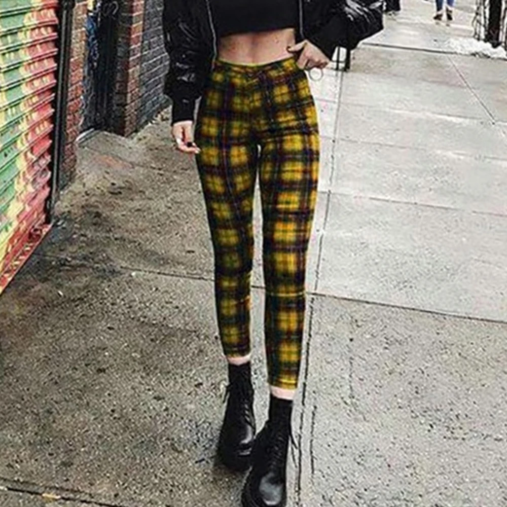 Elastische Damenhose, hohe Taille, Jeggings, Leggings, Bleistifthose, karierter Druck, dünne Hose, schmale Passform, Stretch, dehnbare Hose, lässig