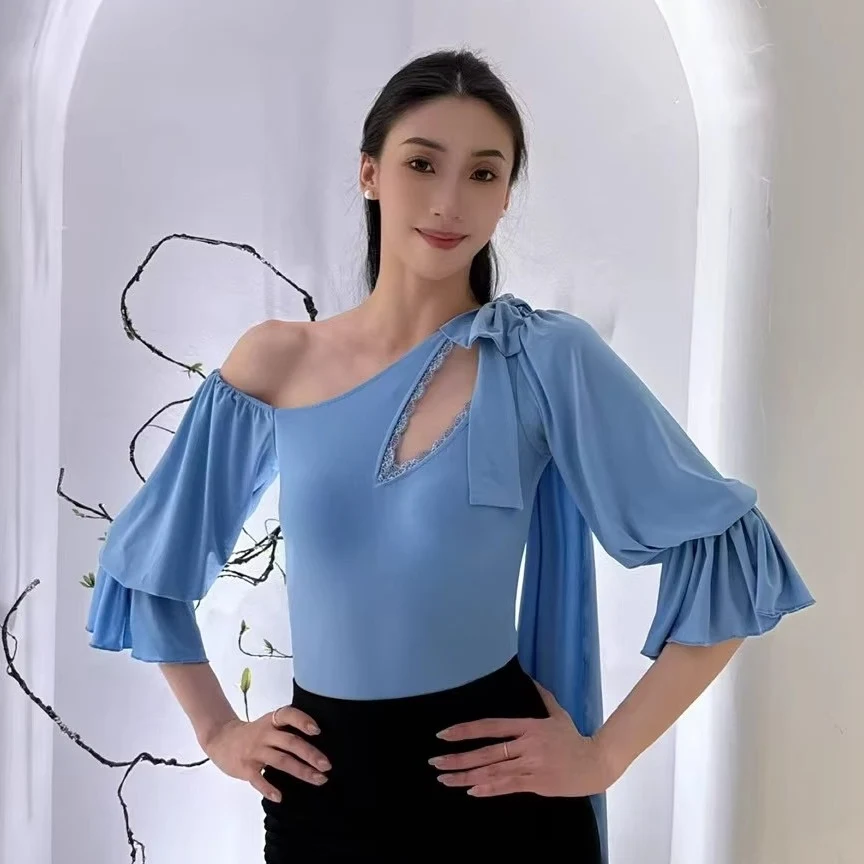

Latin Dance Clothes Women Ballroom Dance Tops Irregular Short Sleeves Bodysuit Adult Practice Clothing Blue Black Tops BL15825