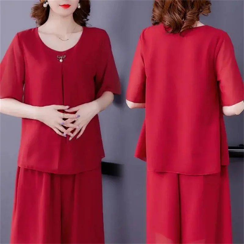 Summer Suits Casual Women's Set Mom's Wear Med-Old Age Large Loose Short Sleeve Two Piece Set O-Neck Fashion Pants Suits Chiffon