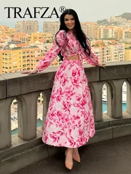 TRAFZA 2024 Women Pink Skirts 2 Piece Set High Waist Long Skirt+Printed Long Sleeve Cardigan Shirts Tops Elegant Style For Beach