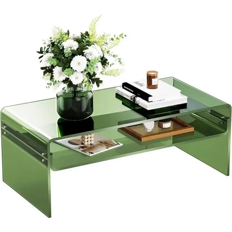 Transparent Acrylic Coffee Table Rectangular Plexiglass Side Table with Open Storage Rack for Living Room Modern Clear Desk