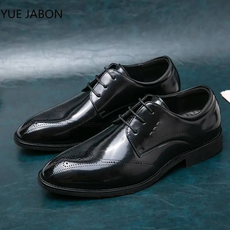 Black Zapatos Men Leather Shoe Carved Business Formal Dress British Style Size38-48 Men Shoe Hollowed Out Elastic Band Men Shoes