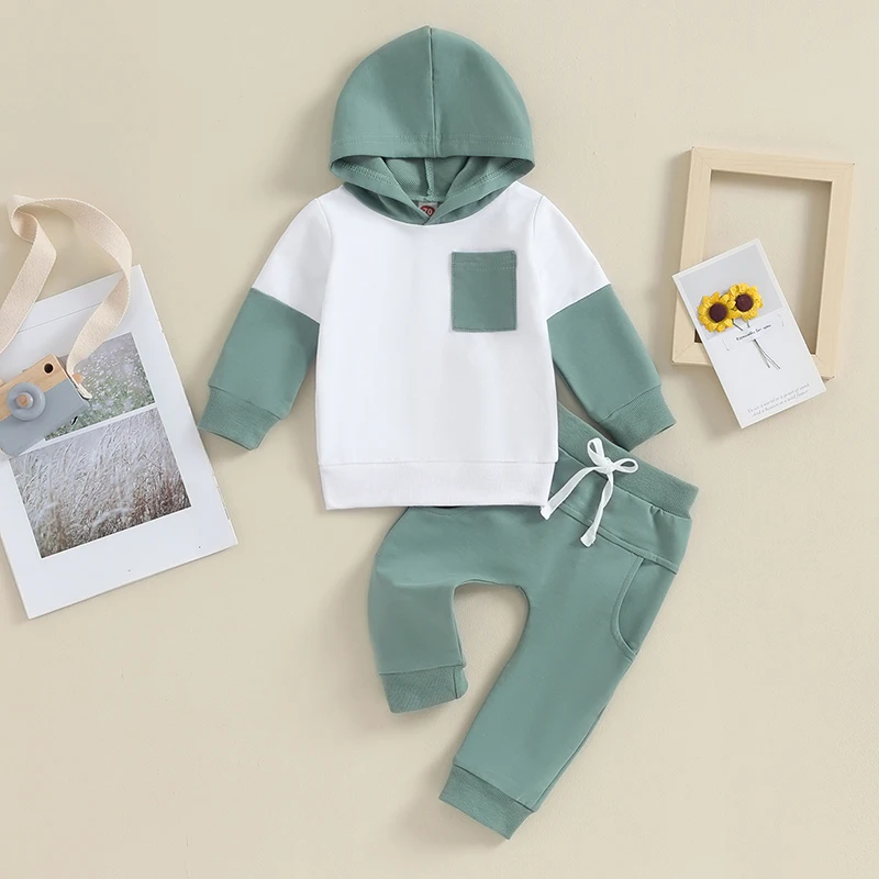 Toddler Baby Boys Fall Winter Clothes Color Block Pullover Sweatshirt Top and Pants Trendy Outfits Clothing Set