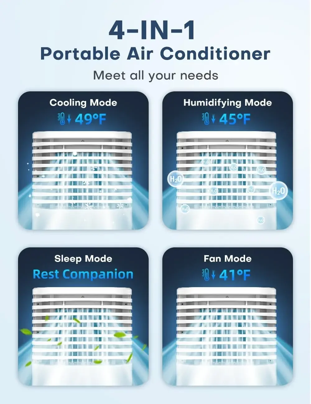 Condicionadores de ar, refrigerador de ar evaporativo com 4 modos e 3 velocidades, temporizador de 15 horas para desligamento automático inteligente, tanque de 2 gal para resfriamento de 20 horas, controle de 17 pés