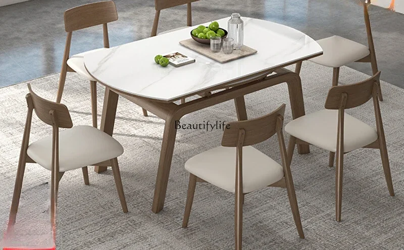 

Solid wood dining table retractable small apartment variable round light luxury imported ash wood rock slab