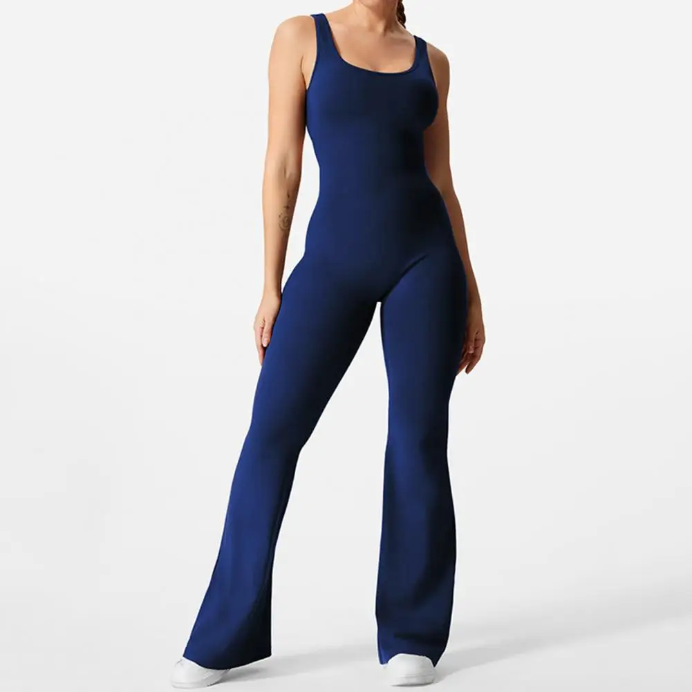 

Women Summer Jumpsuit Sleeveless Skinny Elastic Butt-lifted One-piece Outfit Flared Hem Backless Hollow Out Lady Sports Jumpsuit