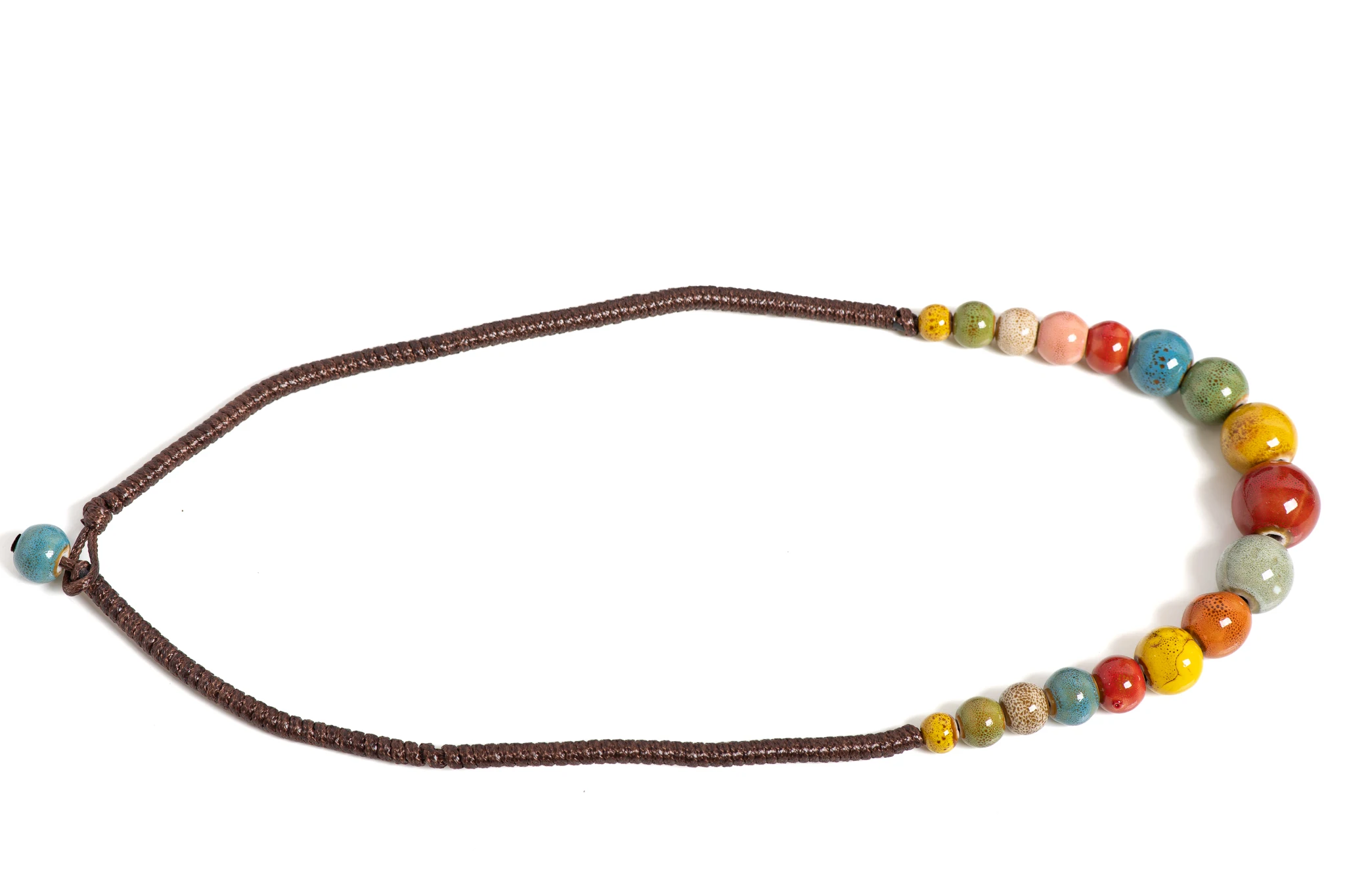 Handmade Multicolor Ceramic Necklace 65cm, Wrapped Wax Cord Jewelry with 18mm Beads for Boho Style 1139