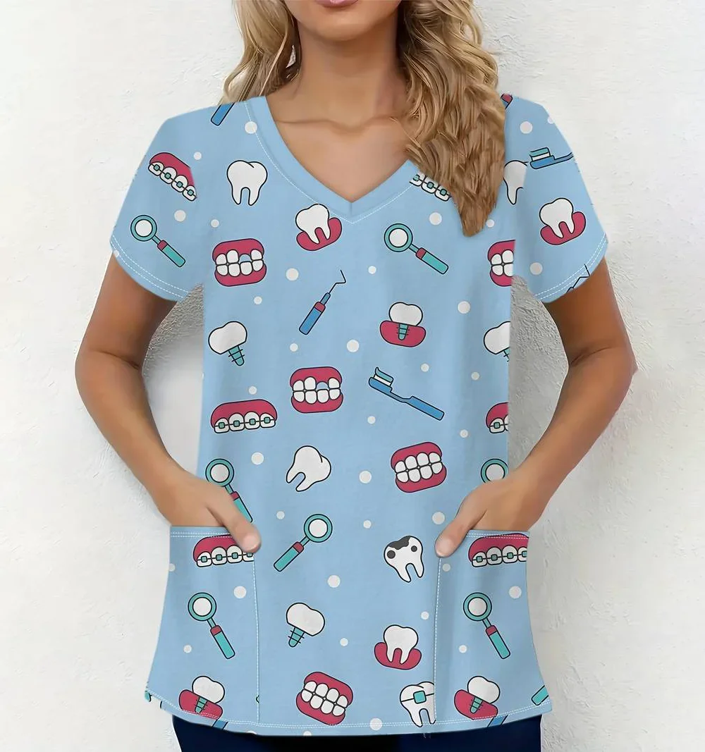 Uniforme clínico mulher dente padrão impressão enfermeira dental topos casual com decote em v manga curta com bolsos uniforme de enfermagem para mulher