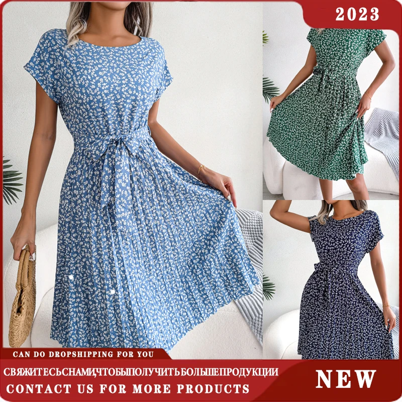 Vintage Floral Dresses for Women Elegant Loose New Pleated Dress Summer Beach Holiday Leisure Long Dresses for Female 2023