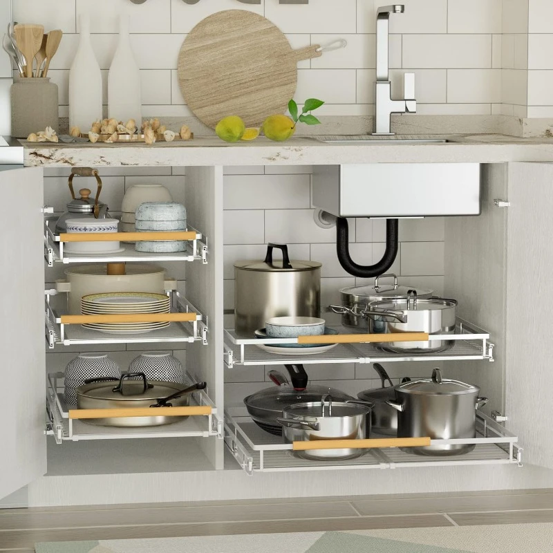 Pull Out Cabinet Drawer Organizer Expendable Sliding Shelf Stainless Steel Storage Rack Organization Slide