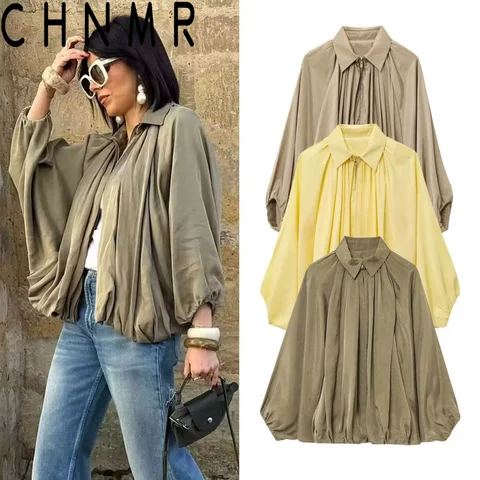 CHNMR Elegant Ruched Bomber Satin Jackets for Women Spring Fall Casual Zipper Jacket Long Sleeved Coats Female Chic Outerwears