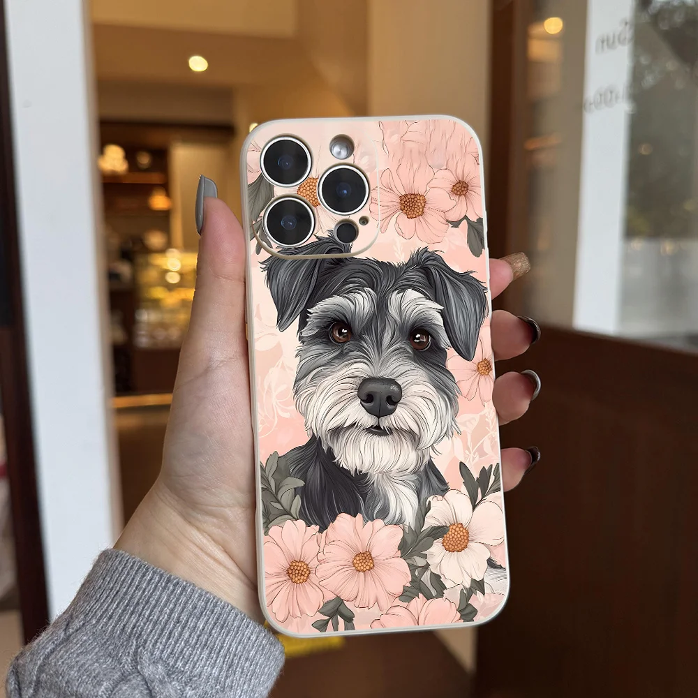 Funda de teléfono de moda estética con perro Schnauzer Floral bonito para iPhone 17 a 11 Pro Max Plus regalo de cumpleaños Schnauzer para mujer