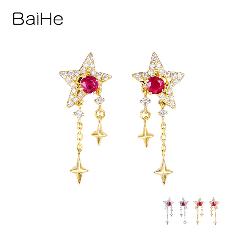 

BAIHE Solid 18K Yellow Gold 0.20ct Natural Ruby Diamond Star Stud Earrings Women Engagement Gift Trendy Fine Jewelry ต่างหูดาว