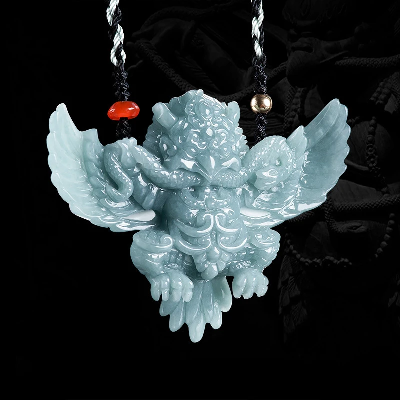 Jia Le/ Natural Jade Original Blue Water Three-dimensional Dapeng Golden-winged Bird Necklace Pendant Men Women Couple Amulet