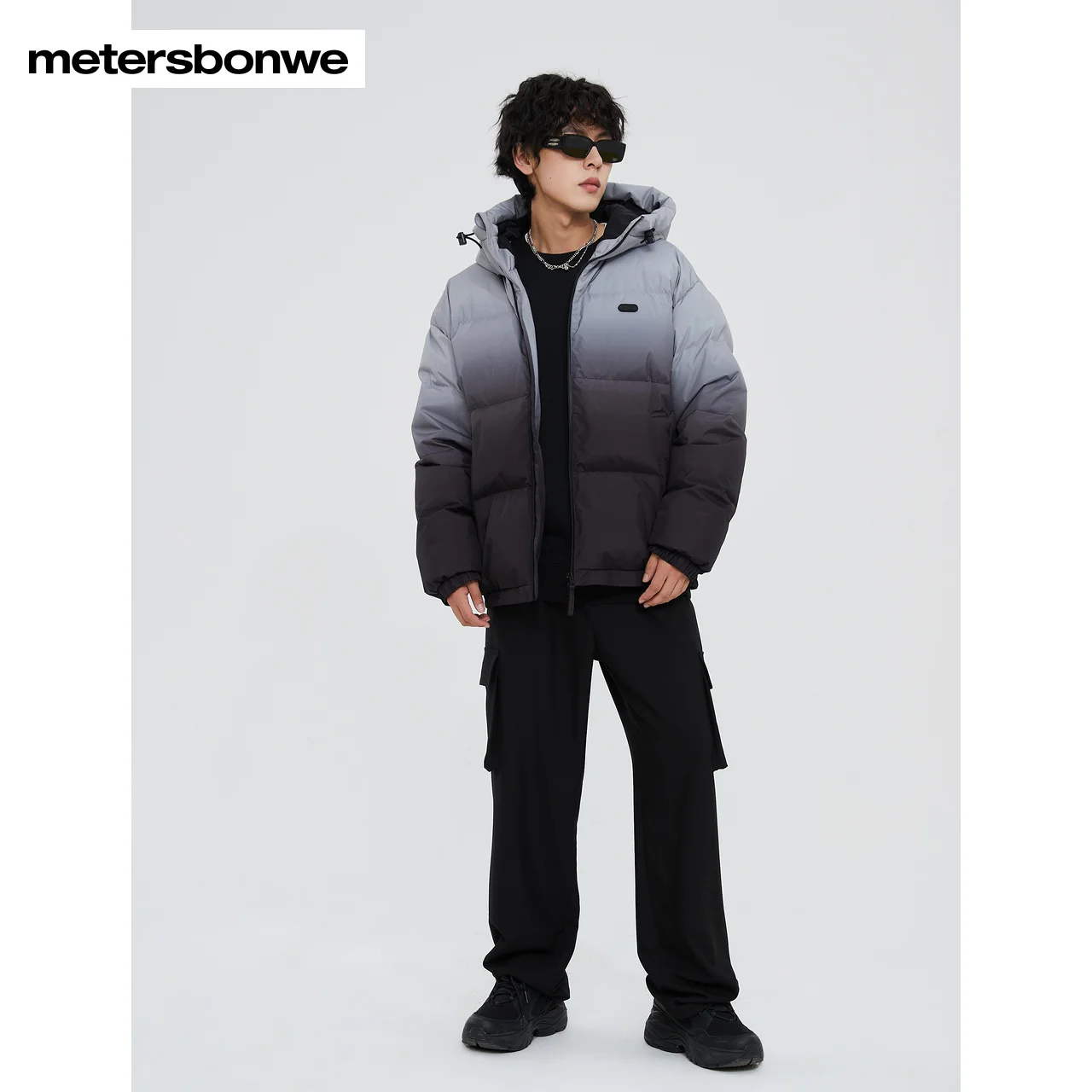 Metersbonwe-Jaqueta masculina com capuz de inverno, design gradiente solto, 80% de roupa quente grossa, inverno