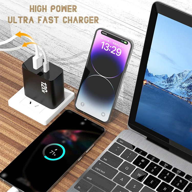 120W  USB+Type C Fast Charging Quick Charge Mobile Phone Power Adapter for iPhone  Xiaomi Samsung Oneplus