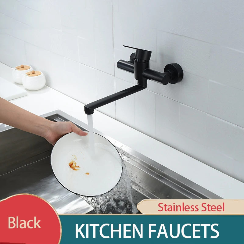 Kitchen Faucets Stainless Steel Wall Mounted Dual Hole Bathroom 360 Rotate Bathtub Basin Faucet Cold Hot Sink Mixer Taps Crane