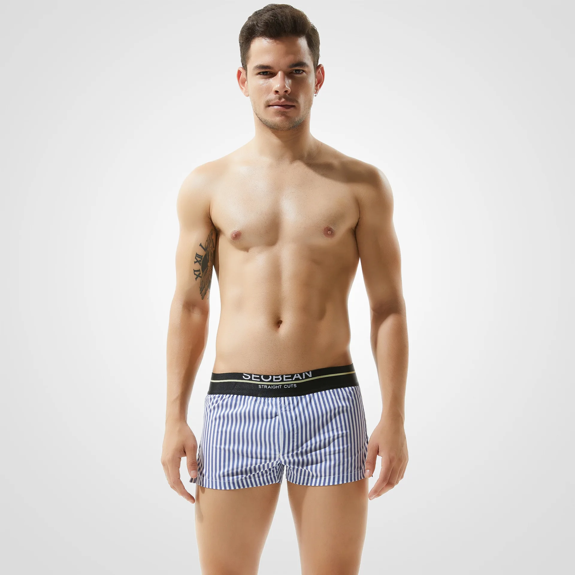 Novas calças de casa masculinas jovens algodão listrado aro shorts roupa interior