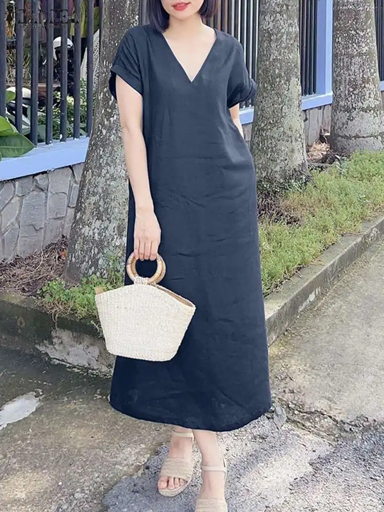 

ZANZEA Fashion Summer V Neck Short Sleeve Midi Dress Women Party Vestido Elegant Solid Casual Loose Cotton Sundress Robe Femme