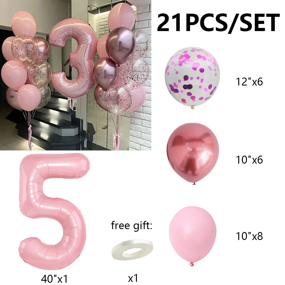 21pcs Pink 40inch Number Foil Latex Balloons Happy Birthday Party Decorations Kids Girl Baby 1 2 3 4 5 6 7 8 9 Year Old Supplies