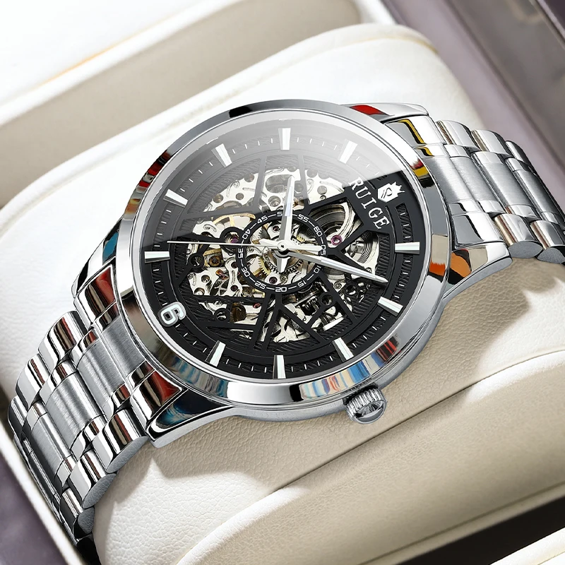 RUIGE new hollowed out fully automatic mechanical watch for men, stainless steel night light waterproof trend men's watch