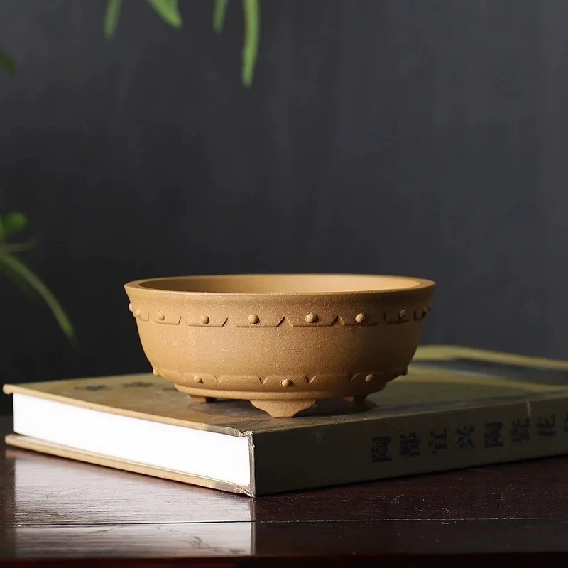 

Ceramic Circle Drum-nail Pattern Bonsai Pot, Purple Sand,Traditional Chinese Dormitory Room Table, Garden Decoration, Home Table