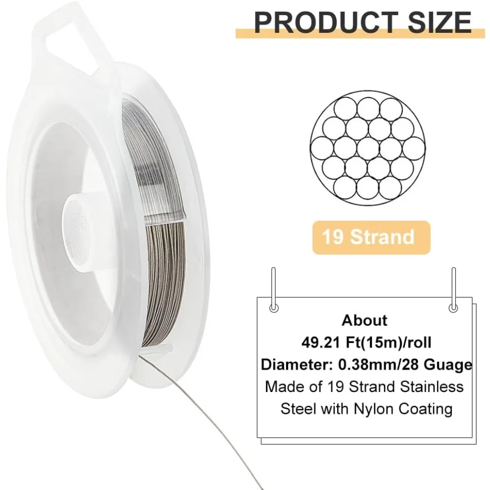 19 Strands Bead String Wire (0.015 inch/0.38mm 49FT) Nylon Stainless Steel Beading for Necklace Bracelet Making LightGray kit