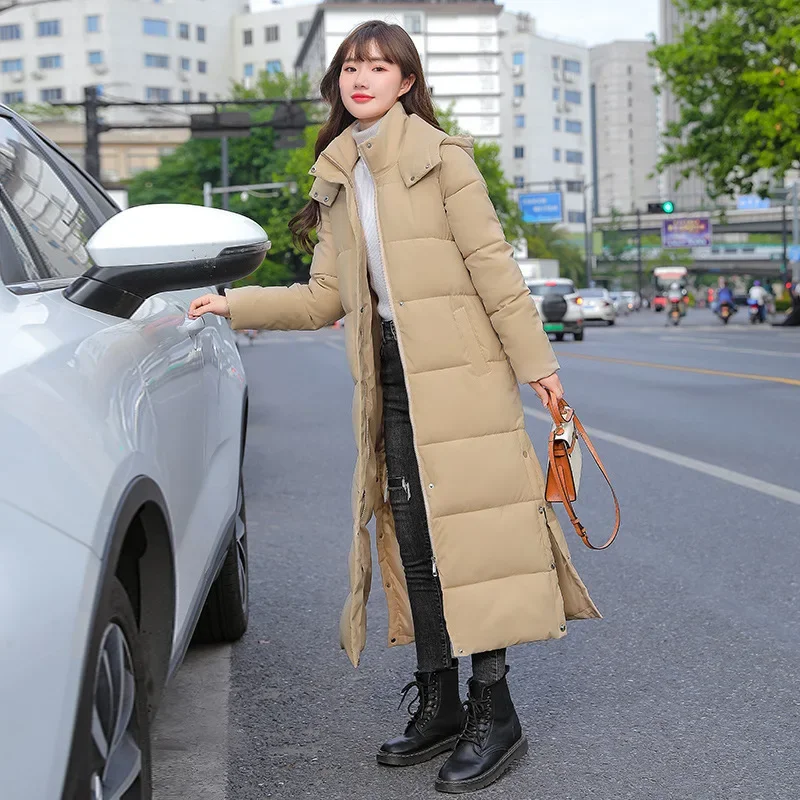 Comemore Cotton Coat Long Parka Coat Jacket Women 2024 Autumn Winter Thick Warm Coats Woven Block Trend Hooded White Down Parkas