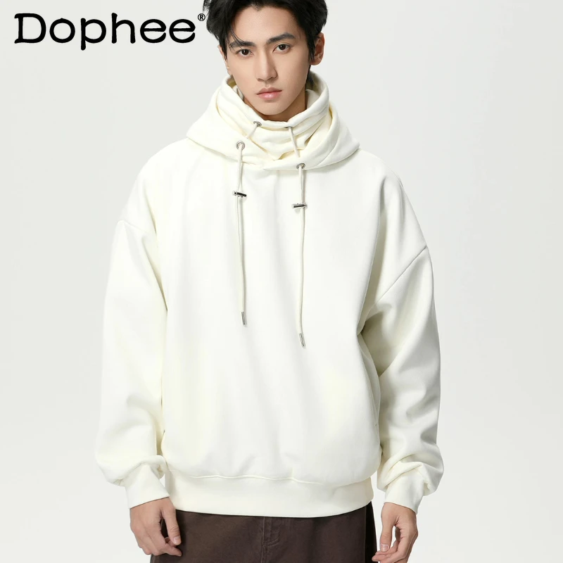 

Мужские зимние толстовки с капюшоном и высоким воротником 2025 года, толстовки с уникальным дизайном, теплые однотонные свободные удобные модные топы с длинными рукавами