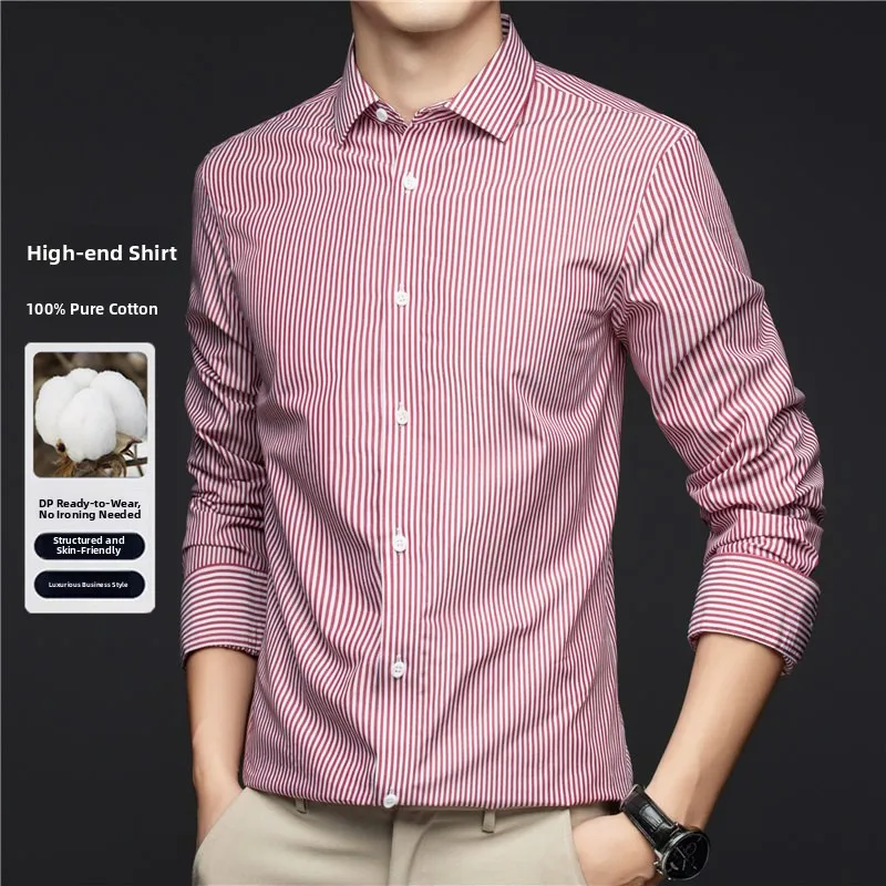 

Spring Autumn High End Men's Long Sve irt Casual Faion Light Busin Flat Iron Slim Stripe Versatile Cotton Top