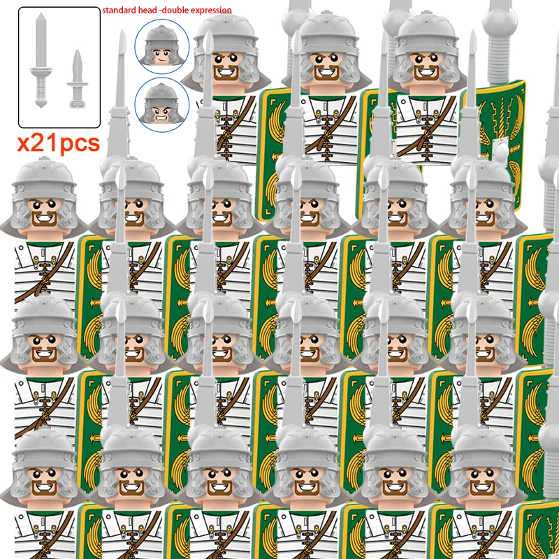 Medieval Military Rome Castle Figures Set Roman Soldiers Infantry Head Movable Trumper Weapons Shield Building Blocks Bricks Toy