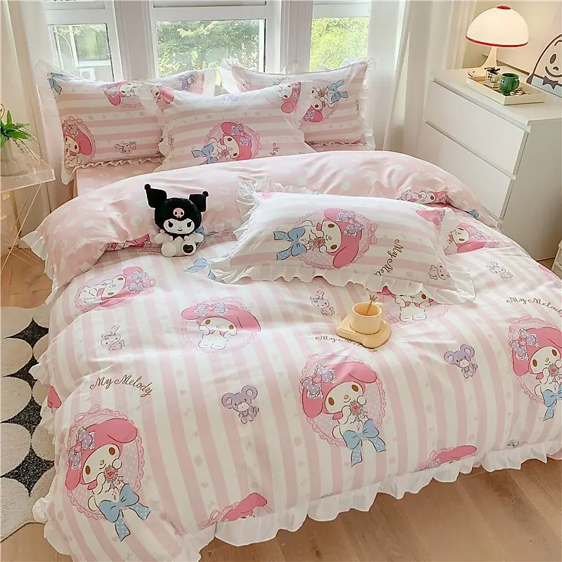 

Sanrio Hello Kitty Kuromi Anime Pattern Four-Piece Set Pure Cotton Korean Lace Duvet Cover Bedding Sheet Cartoon Three-Piece Set