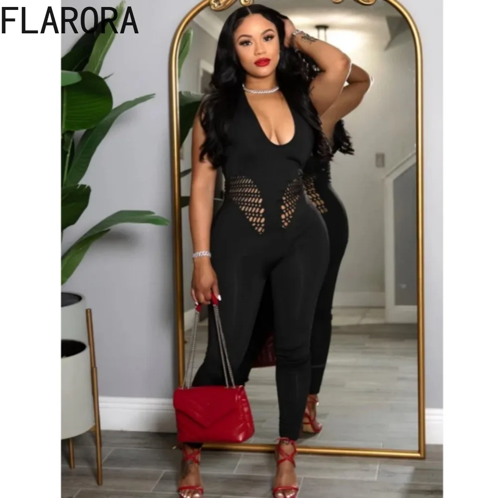

FLARORA Sexy Hollow Bodycon Jumpsuit Woman Halter Sleeveless Backless One Piece Playsuits Stretch Slim Street Clubwear Overalls