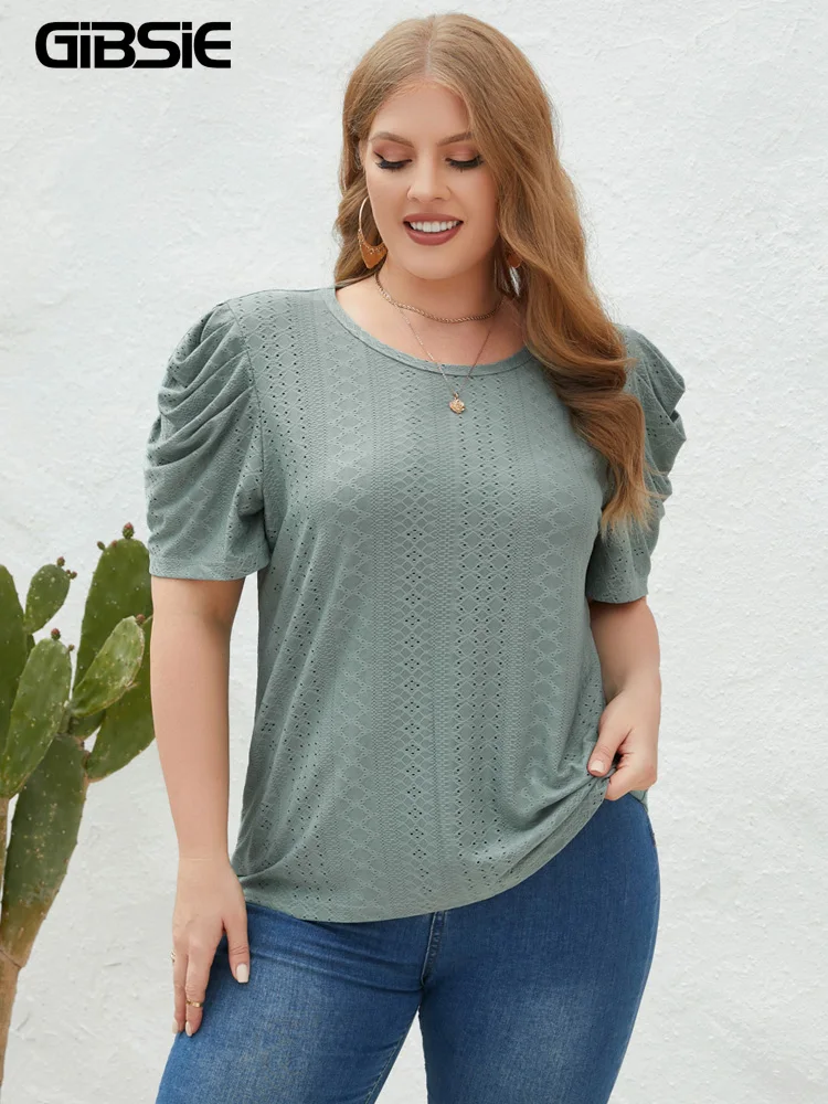 GIBSIE Plus Size Solid O-Neck Leg of Mutton Sleeve Blouse Women Fashion 2023 New Summer Office Casual Women\'s Blouses Tops