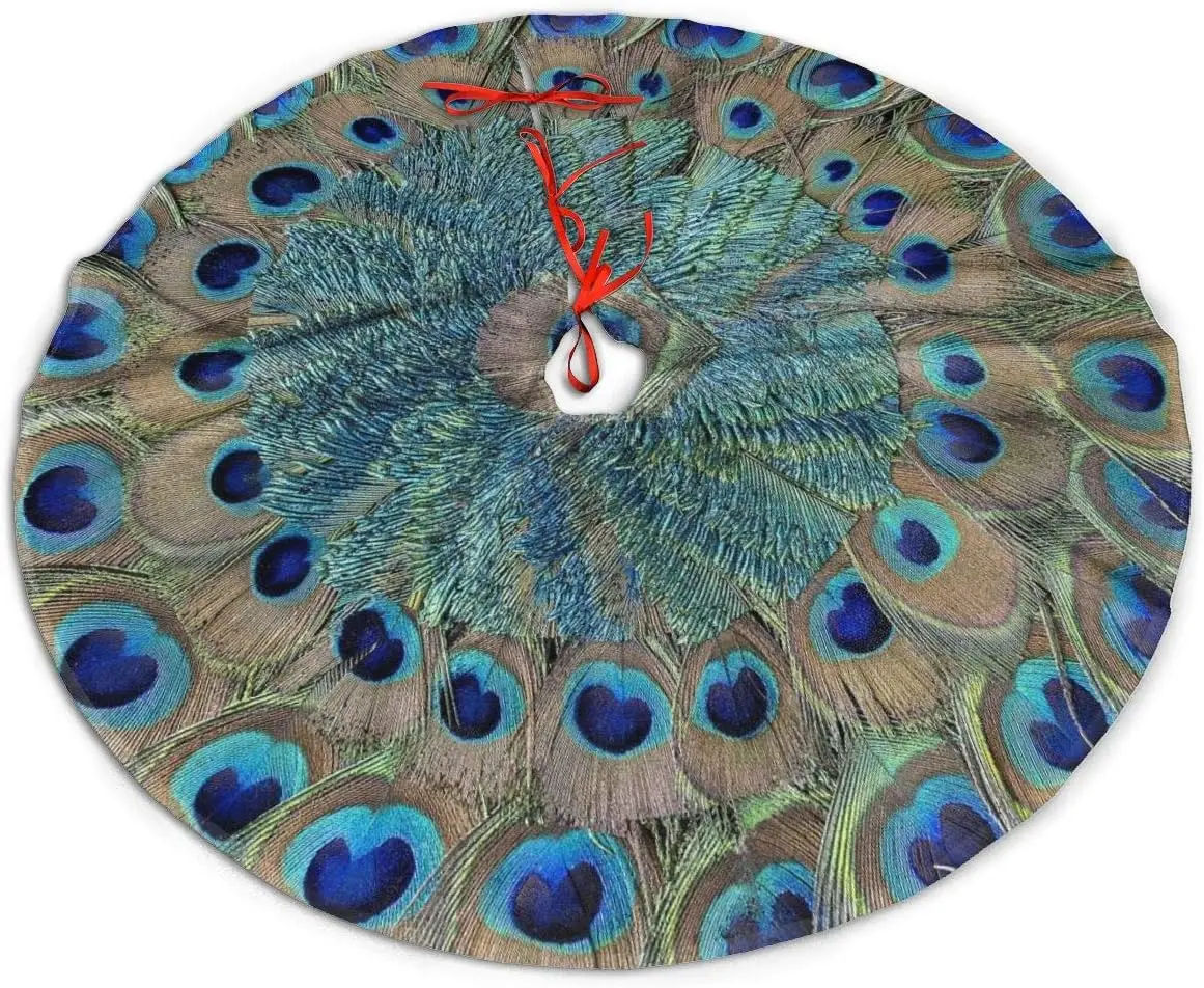 Christmas Tree Skirt Peacock Feather Meditation Boho Mandala Xmas Holiday Party Supplies Large Tree Mat Decor for Home Ornaments