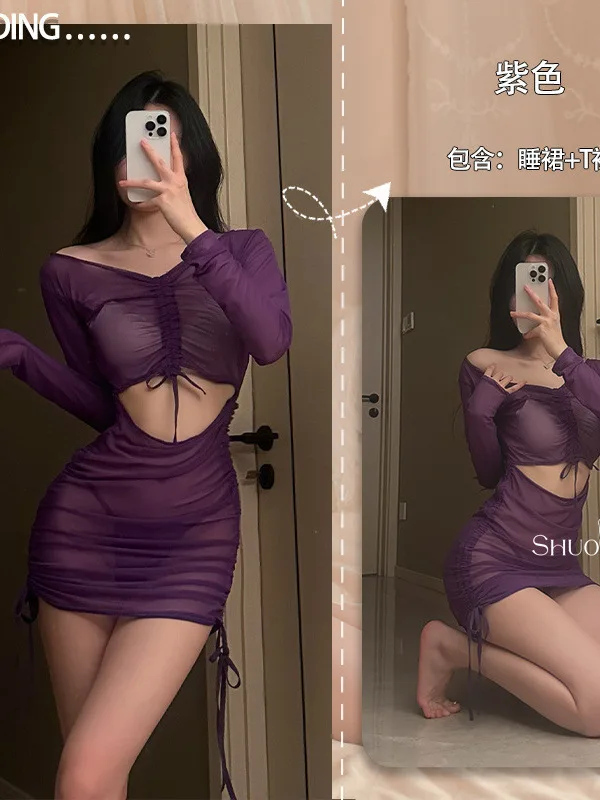 نمط المرأة الكورية منظور يتعرض البطن بأكمام طويلة ملفوفة الورك فستان مثير فتاة لينة الخامس الرقبة بلون البساطة EU4S #6