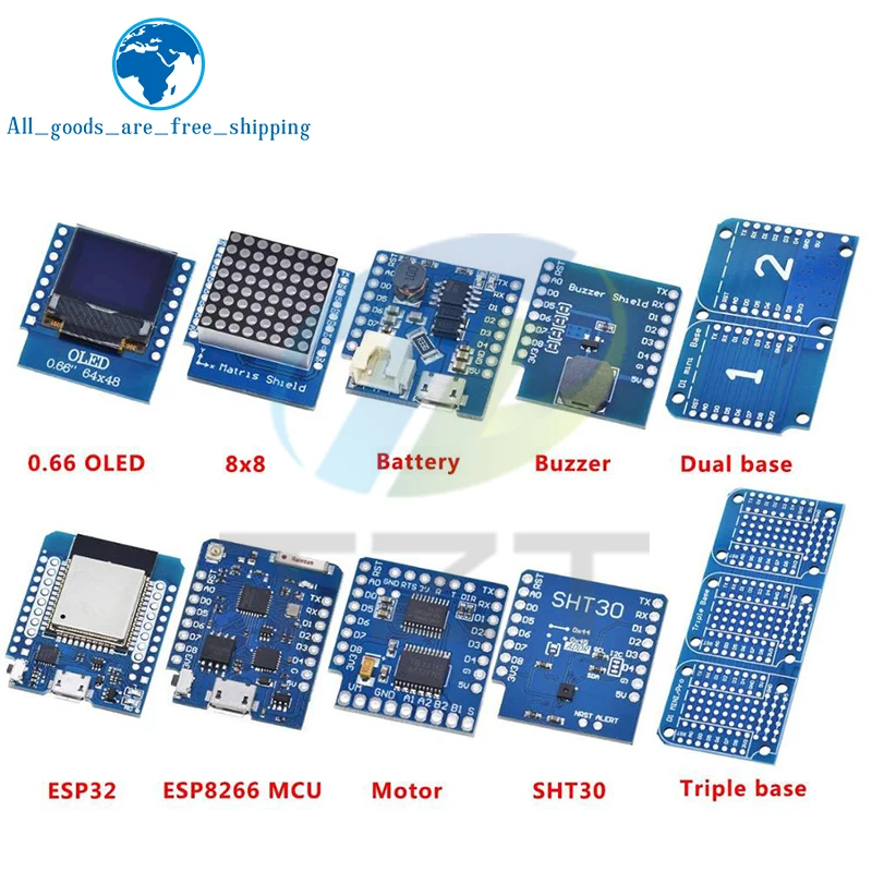 TZT Esp8266 D1 Mini Pro Wifi Nodemcu Data Logger Shield Ds1307 Battery 0.66 Oled Dc Power Buzzer V1.0.0 Dual Base For Wemos 