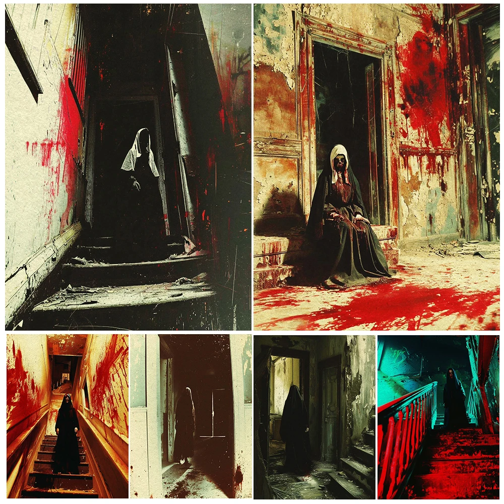 

Nun In Haunted House,Vintage Wall Art Canvas Painting, The Scary Undead Wandering In The Haunted House, Gothic Art Poster Print