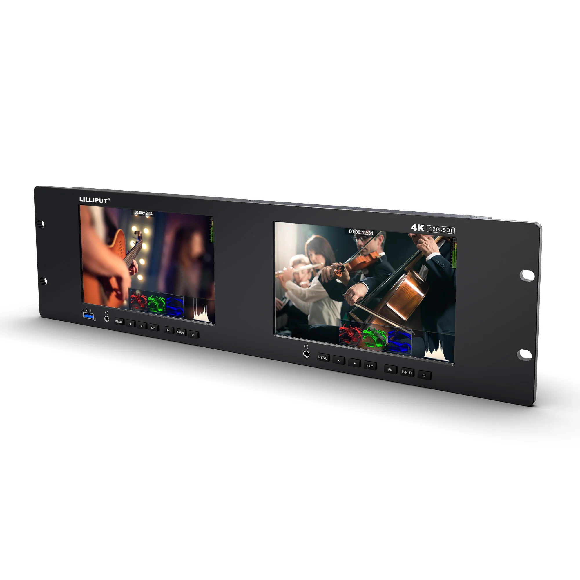 Dual 7 Inch Widescreen Audio Video Monitor High Brightness IPS Panel 4K 12G-SDI  for Rack