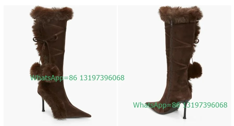 Lady fluffmeknot pointed toe boots brown suede boots feather winner causal high heels boots stiletto heel fur brown boots size