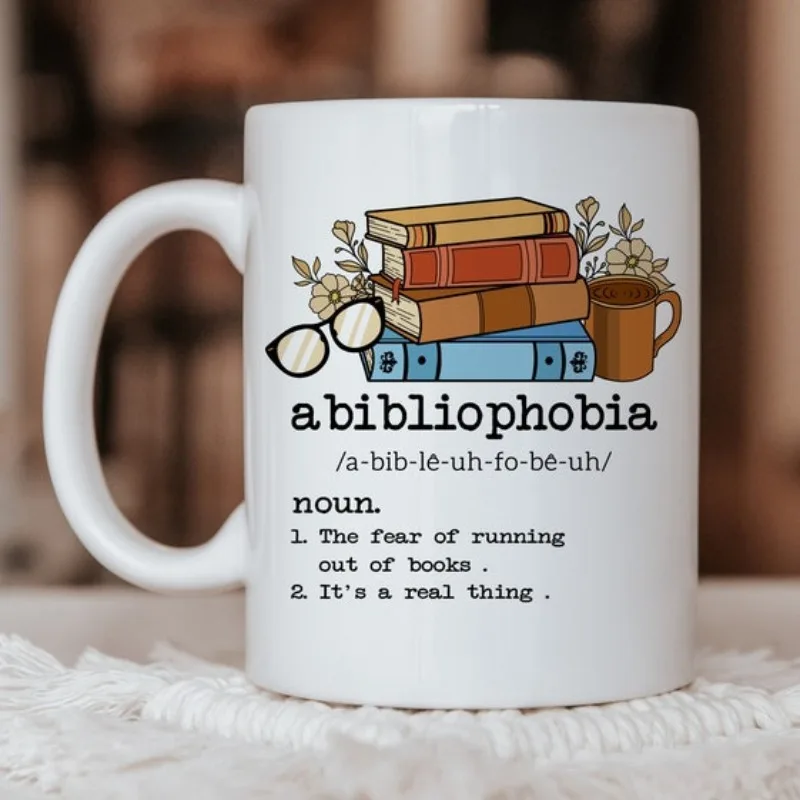 

1 "Abibliophobia" book-themed mug, a creative ceramic mug for book lovers, machine washable, suitable for restaurant use
