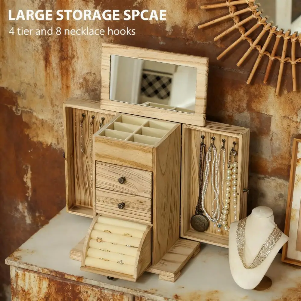 

Wooden Jewelry Box Organizer with Mirror 2 Drawers for Rings Earrings Necklaces - Storage Solution for Your Valuables