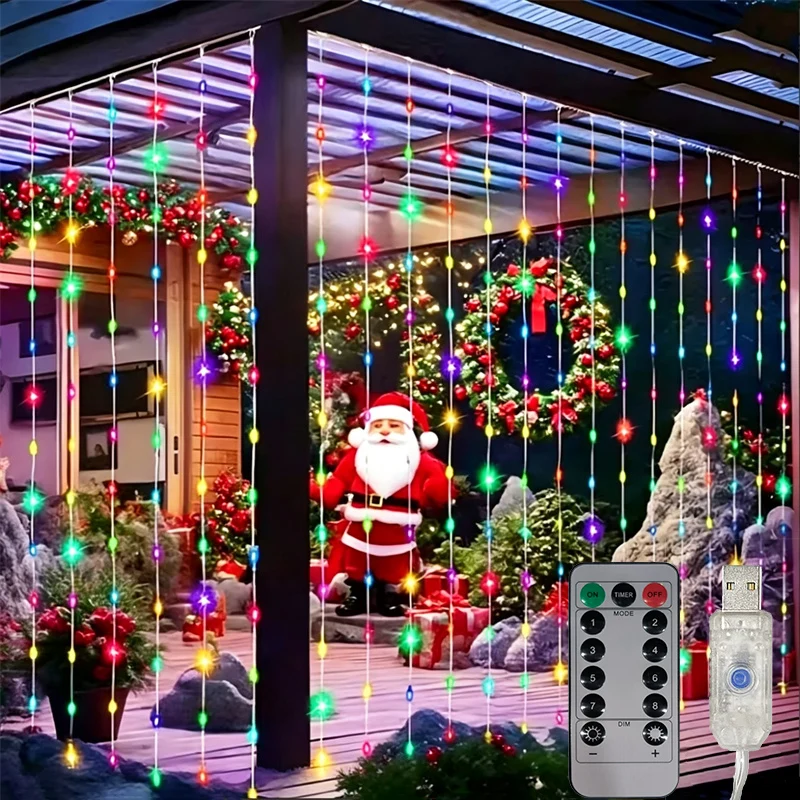 Christmas LED Curtain String Lights 6M/4M/3M USB Plug 8 Lighting Modes Garden Lights with Remote Control Wedding Room Decoration