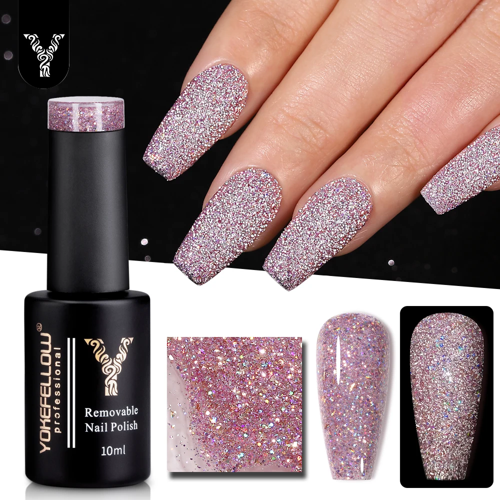 

YOKEFELLOW Reflective Glitter Gel Nail Polish 10ML BD05 Sparkle Glitter Sliver Pink Gel Varnish with Ultra-sparkly Diamond Dust