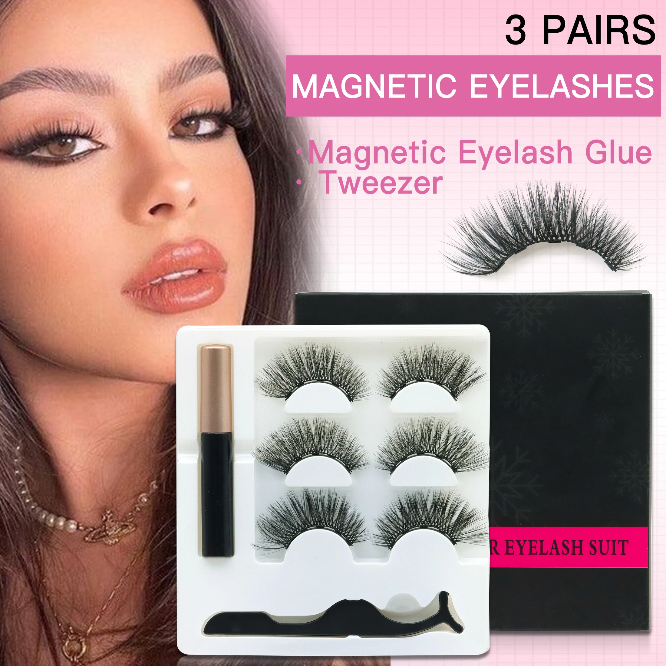 3-teiliges magnetisches Wimpern-Eyeliner-Pinzetten-Set, 3D-Nerzwimpern, natürliche künstliche falsche Wimpern, flauschiges Wispy-Volumen