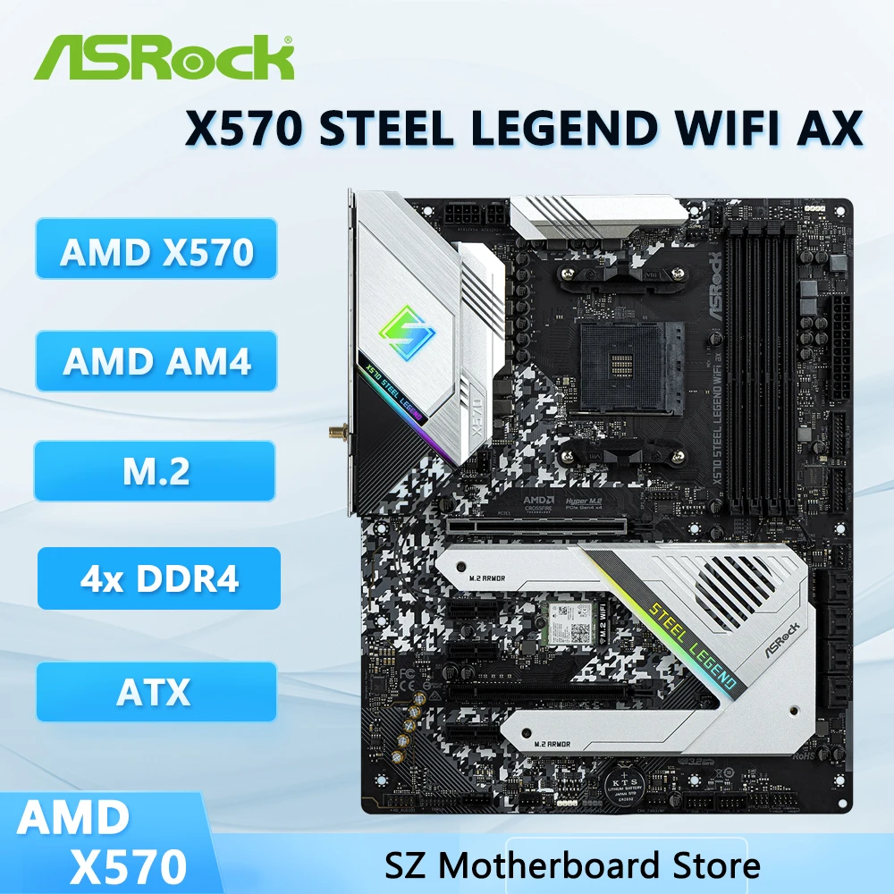 Placa base ASRock X570 STEEL LEGEND WIFI AX X570 AM4 M.2 128GB DDR4 compatible con procesadores Ryzen 5 5600 5900 3200 5700